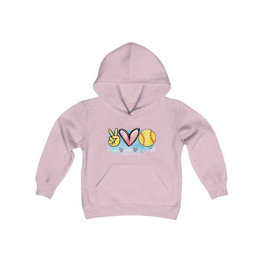 Peace Love Softball Montville Youth Heavy Blend Hooded Sweatshirt